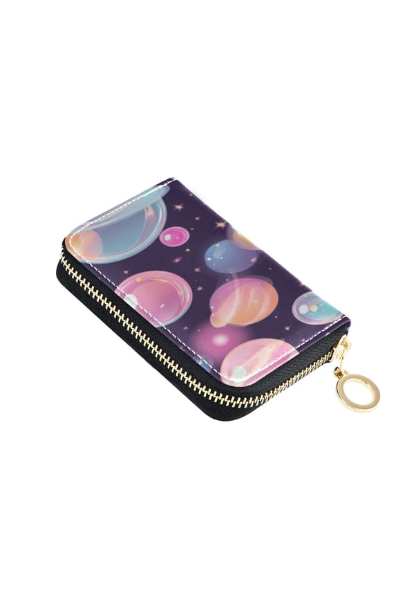 PU Leather Zip Card Holder Women's Card Case Zipper Card Case Compact & Lightweight Floating Bubbles Pattern