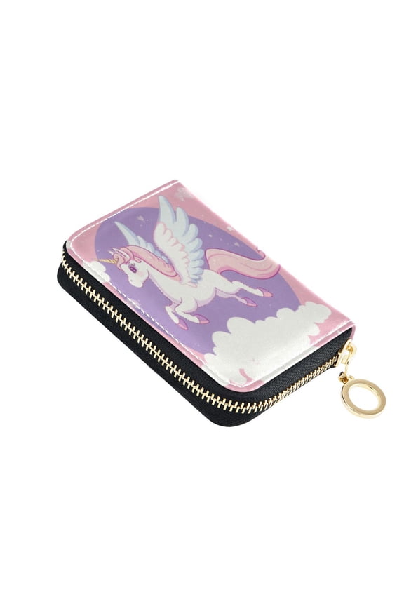 PU Leather Zip Card Holder Women's Card Case Zipper Card Case Compact & Lightweight Flying Unicorn with Wings