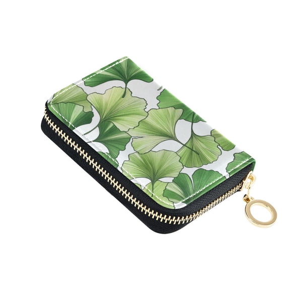 PU Leather Zip Card Holder Women's Card Case Zipper Card Case Compact & Lightweight Green Ginkgo Biloba