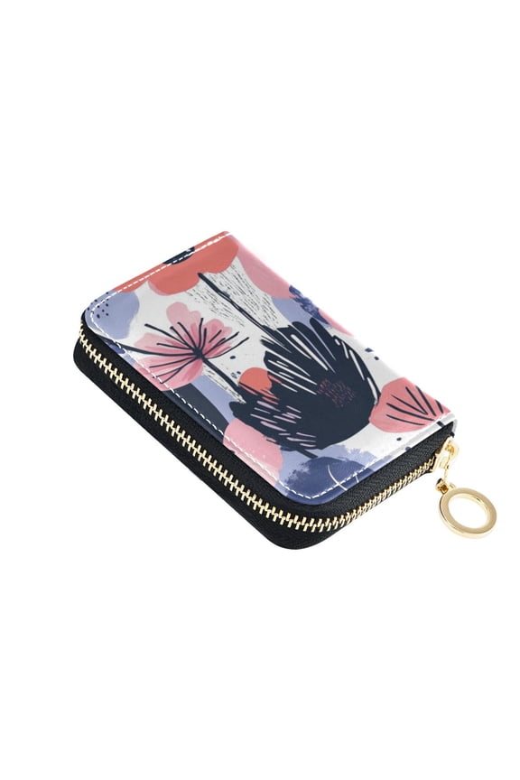 PU Leather Zip Card Holder Women's Card Case Zipper Card Case Compact & Lightweight Navy Blue Abstract Flowers