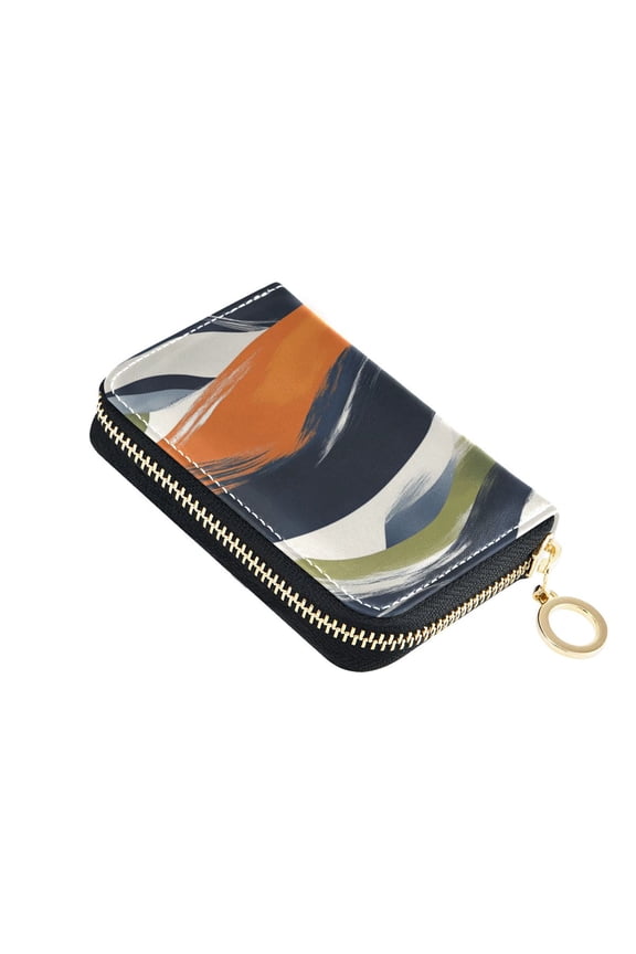 PU Leather Zip Card Holder Women's Card Case Zipper Card Case Compact & Lightweight Navy Blue Abstract Pattern