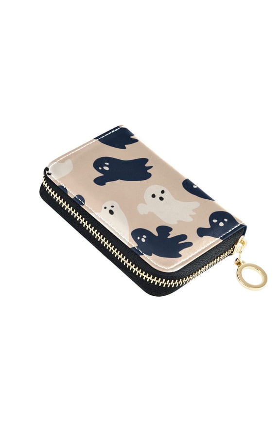 PU Leather Zip Card Holder Women's Card Case Zipper Card Case Compact & Lightweight Navy and Cream Ghost