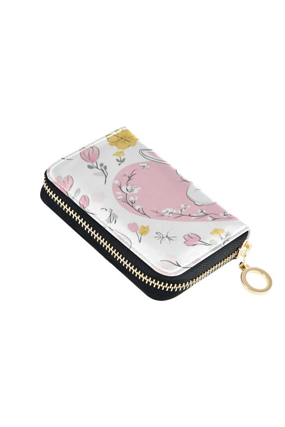 PU Leather Zip Card Holder Women's Card Case Zipper Card Case Compact & Lightweight Pink Heart with White Rabbits