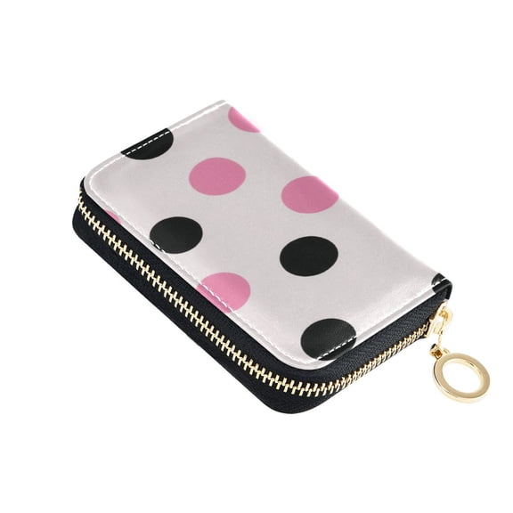 PU Leather Zip Card Holder Women's Card Case Zipper Card Case Compact & Lightweight Pink and Black Dots