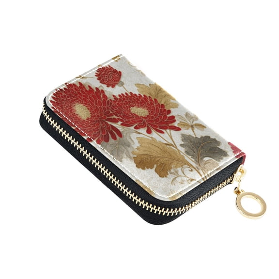 PU Leather Zip Card Holder Women's Card Case Zipper Card Case Compact & Lightweight Red Chrysanthemum Pattern
