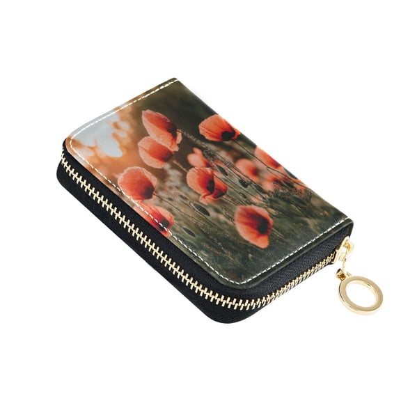PU Leather Zip Card Holder Women's Card Case Zipper Card Case Compact & Lightweight Red Flower Field
