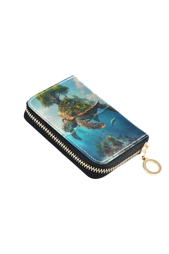 PU Leather Zip Card Holder Women's Card Case Zipper Card Case Compact & Lightweight Sea Turtle Carrying Island