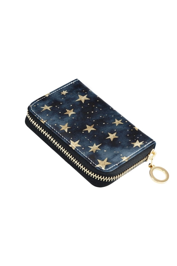 PU Leather Zip Card Holder Women's Card Case Zipper Card Case Compact & Lightweight Small Gold Stars Pattern