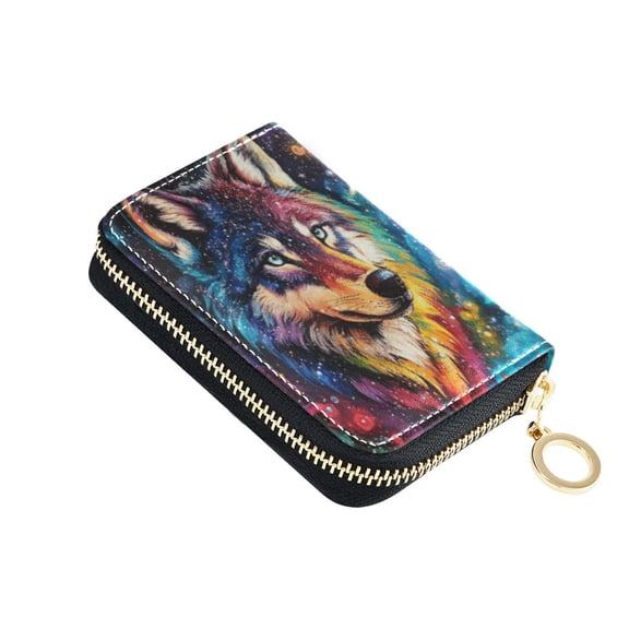 PU Leather Zip Card Holder Women's Card Case Zipper Card Case Compact & Lightweight Star-studded Wolf