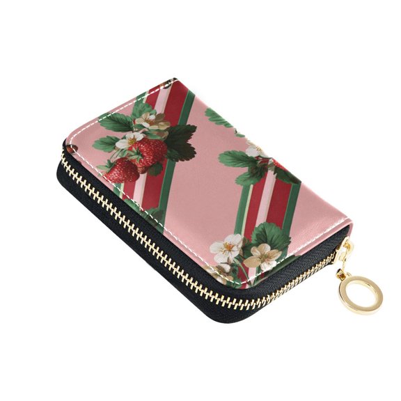 PU Leather Zip Card Holder Women's Card Case Zipper Card Case Compact & Lightweight Strawberry and Ribbon