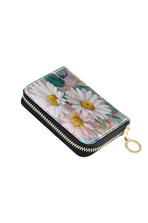 PU Leather Zip Card Holder Women's Card Case Zipper Card Case Compact & Lightweight Three Large White Daisies