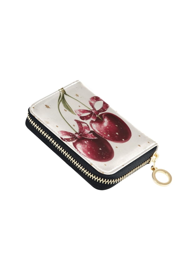 PU Leather Zip Card Holder Women's Card Case Zipper Card Case Compact & Lightweight Two Cherries with Bows