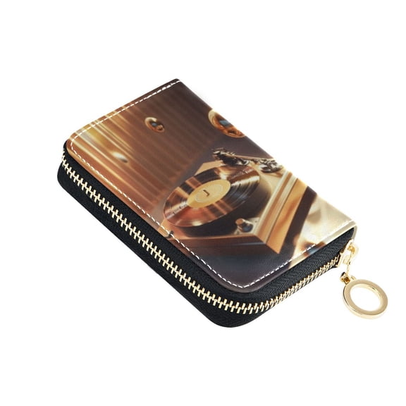 PU Leather Zip Card Holder Women's Card Case Zipper Card Case Compact & Lightweight Vinyl Record Player Pattern