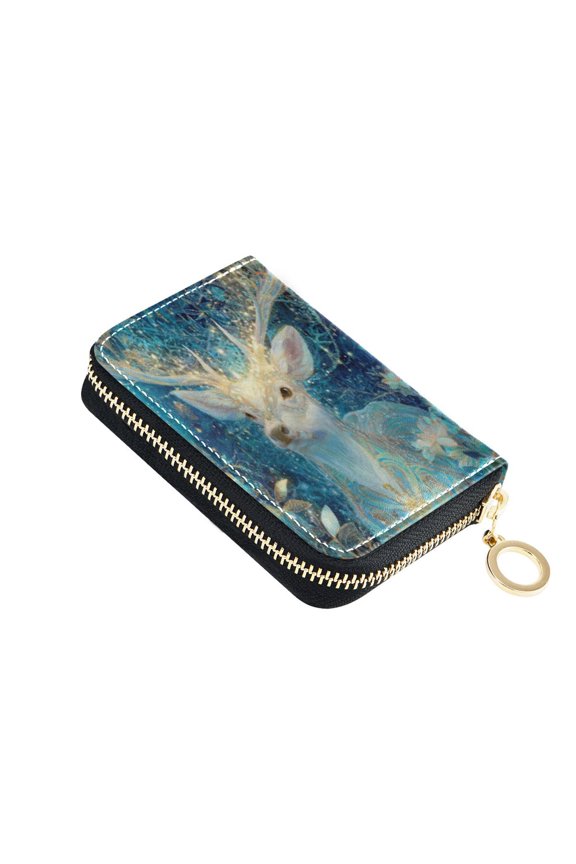 PU Leather Zipper Card Case Credit Card Holder Small Wallets Beautiful Glowing Deer