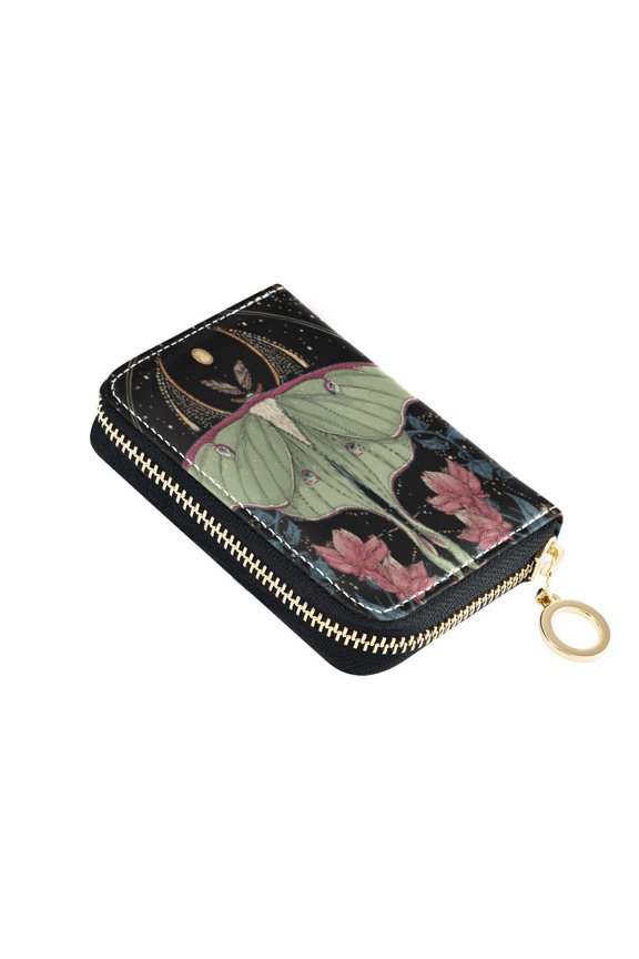 PU Leather Zipper Card Case Credit Card Holder Small Wallets Beautiful Moth