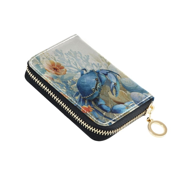 PU Leather Zipper Card Case Credit Card Holder Small Wallets Blue Crab and Shells