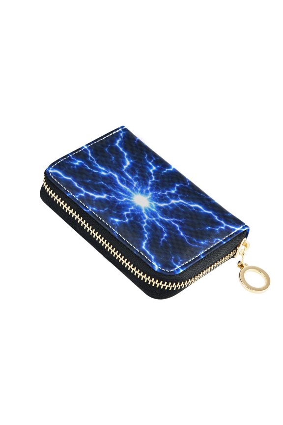 PU Leather Zipper Card Case Credit Card Holder Small Wallets Blue Lightning Bolt Pattern