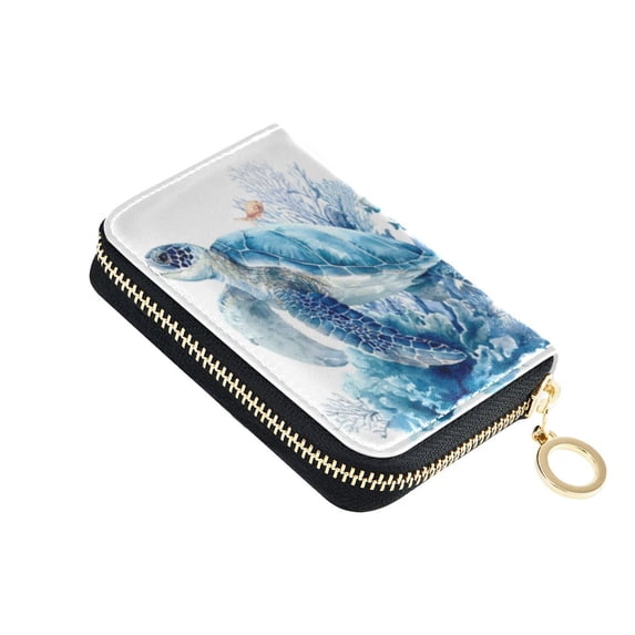 PU Leather Zipper Card Case Credit Card Holder Small Wallets Blue Sea Turtle Pattern