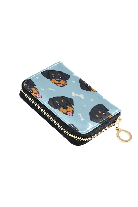 PU Leather Zipper Card Case Credit Card Holder Small Wallets Cartoon Dog Faces and Bones