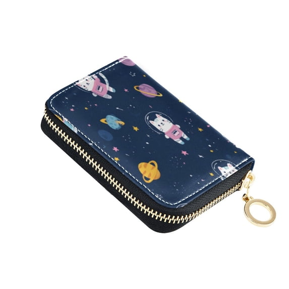 PU Leather Zipper Card Case Credit Card Holder Small Wallets Cats in Space Suits