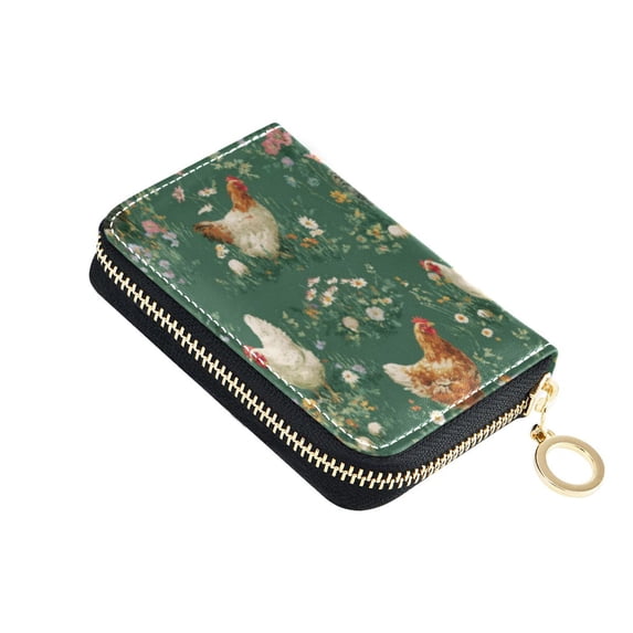PU Leather Zipper Card Case Credit Card Holder Small Wallets Chickens and Flowers Pattern