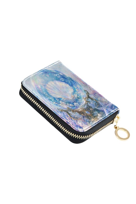 PU Leather Zipper Card Case Credit Card Holder Small Wallets Crystal Ball and Scallop Shells