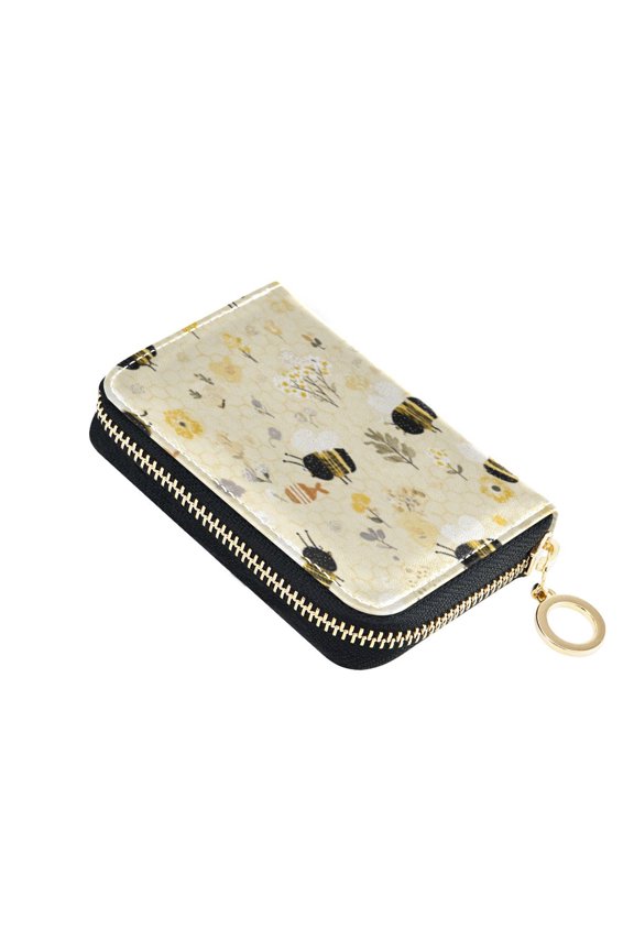 PU Leather Zipper Card Case Credit Card Holder Small Wallets Cute Bees and Honeycomb Pattern