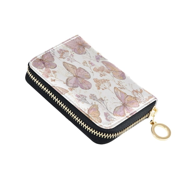 PU Leather Zipper Card Case Credit Card Holder Small Wallets Delicate Butterflies and Flowers