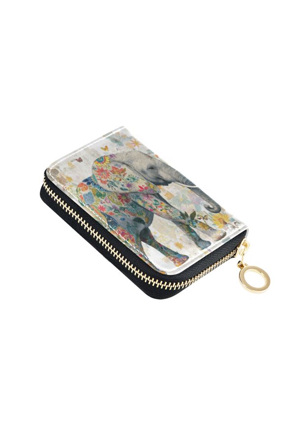 PU Leather Zipper Card Case Credit Card Holder Small Wallets Elephant with Colorful Floral