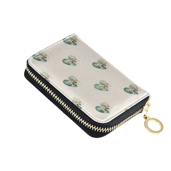 PU Leather Zipper Card Case Credit Card Holder Small Wallets Emerald Green Hearts Pattern