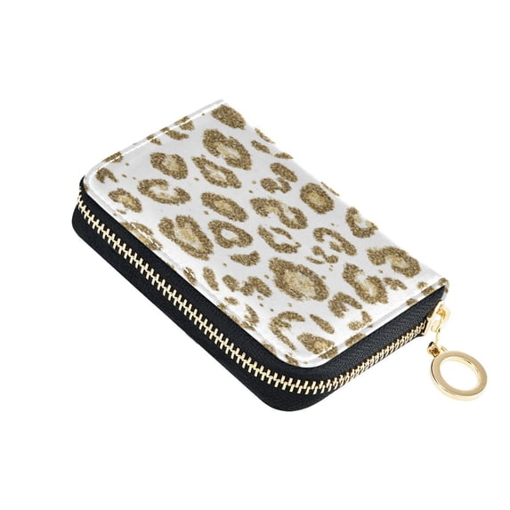 PU Leather Zipper Card Case Credit Card Holder Small Wallets Gold Leopard Print Pattern