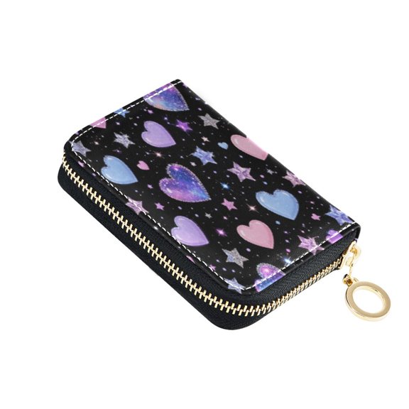 PU Leather Zipper Card Case Credit Card Holder Small Wallets Hearts and Stars Scattered Throughout