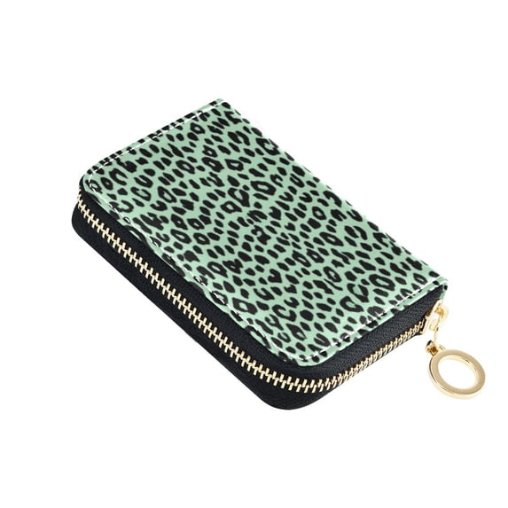 PU Leather Zipper Card Case Credit Card Holder Small Wallets Mint Green Leopard Print