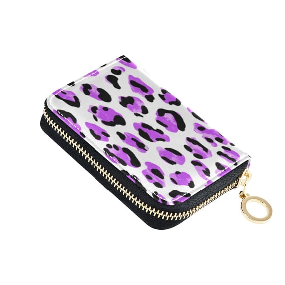 PU Leather Zipper Card Case Credit Card Holder Small Wallets Neon Purple Leopard Print