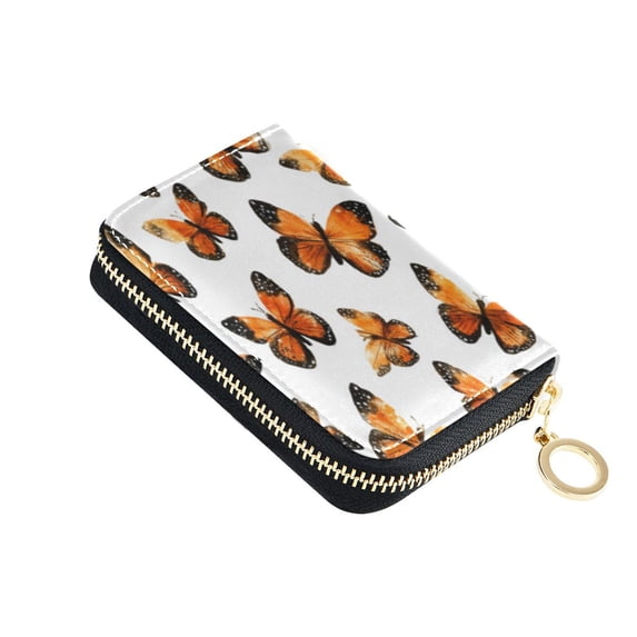 PU Leather Zipper Card Case Credit Card Holder Small Wallets Orange-black Butterfly