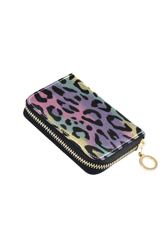 PU Leather Zipper Card Case Credit Card Holder Small Wallets Rainbow Colors Leopard Print