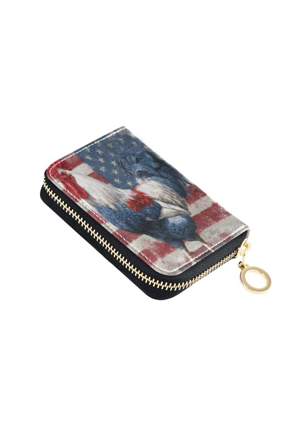 PU Leather Zipper Card Case Credit Card Holder Small Wallets Red White and Blue Rooster