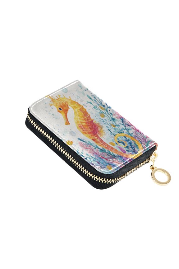 PU Leather Zipper Card Case Credit Card Holder Small Wallets Seahorse and Coral