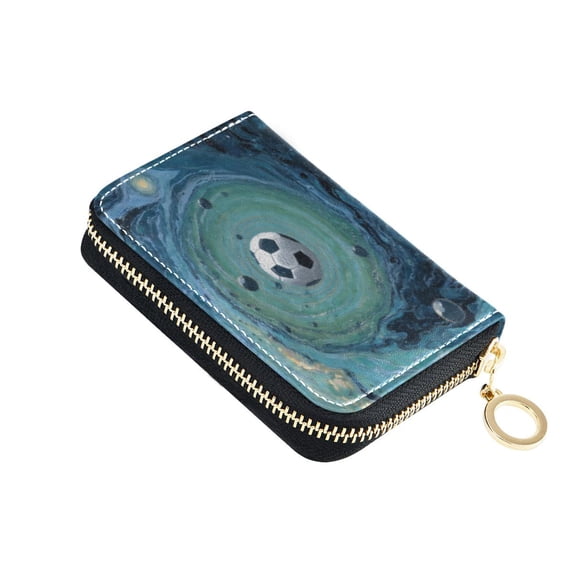 PU Leather Zipper Card Case Credit Card Holder Small Wallets Soccer Ball Floating in Space