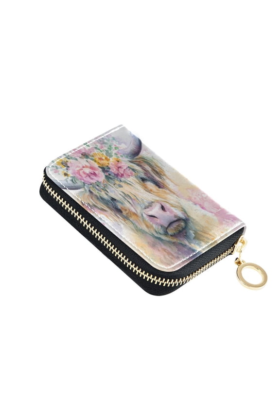 PU Leather Zipper Card Case Credit Card Holder Small Wallets Watercolor Highland Cow