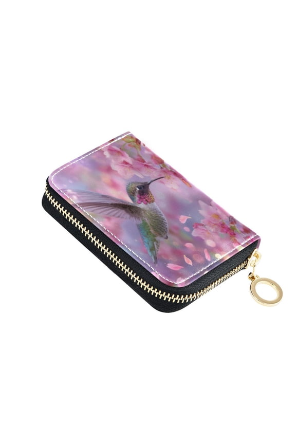 PU Leather Zipper Card Case Wallet Credit Card Holder with 9 Card Slots 4.7" x 3.1" Beautiful Pink Hummingbird