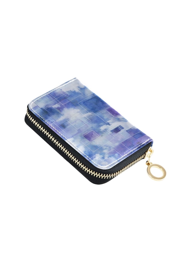PU Leather Zipper Card Case Wallet Credit Card Holder with 9 Card Slots 4.7" x 3.1" Blue Squares and Shapes