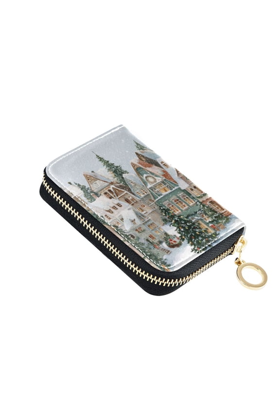 PU Leather Zipper Card Case Wallet Credit Card Holder with 9 Card Slots 4.7" x 3.1" Cozy Winter Town with Snow