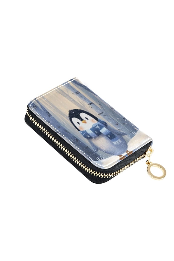 PU Leather Zipper Card Case Wallet Credit Card Holder with 9 Card Slots 4.7" x 3.1" Cute Penguin in Winter
