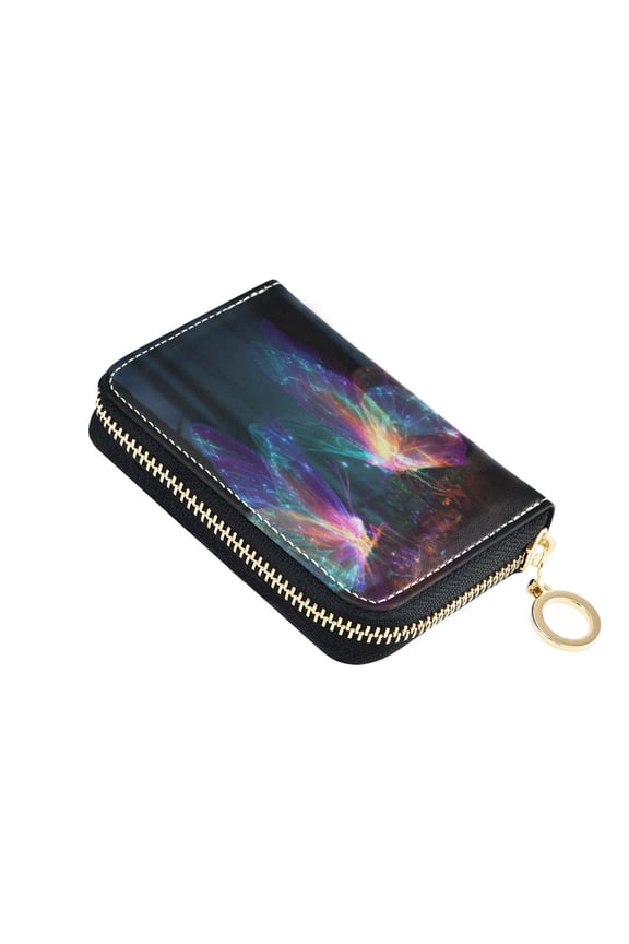 PU Leather Zipper Card Case Wallet Credit Card Holder with 9 Card Slots 4.7" x 3.1" Neon Butterfly