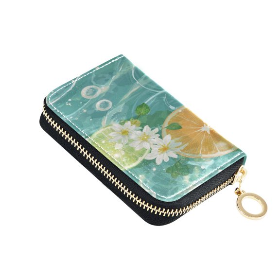 PU Leather Zipper Card Case Wallet Credit Card Holder with 9 Card Slots 4.7" x 3.1" Oranges and Limes