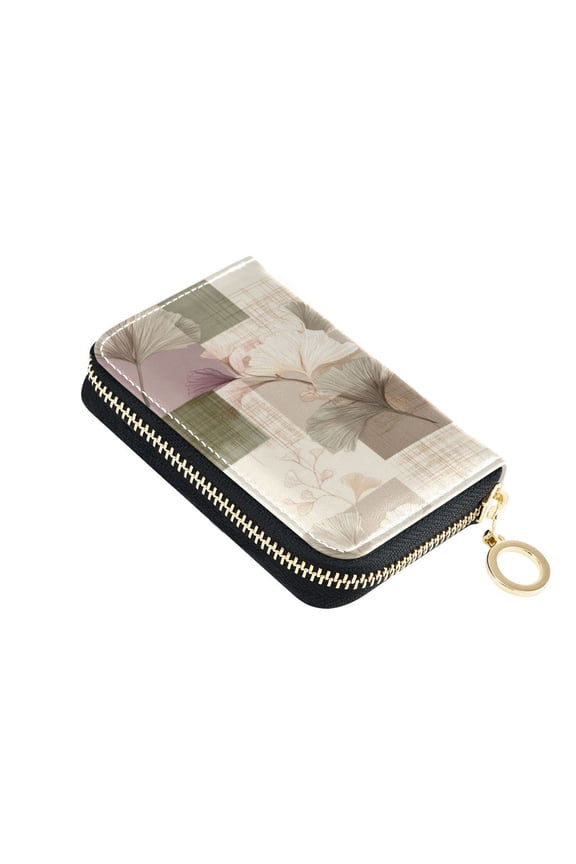 PU Leather Zipper Card Case Wallet Credit Card Holder with 9 Card Slots 4.7" x 3.1" Squares and Ginkgo Leaves Pattern