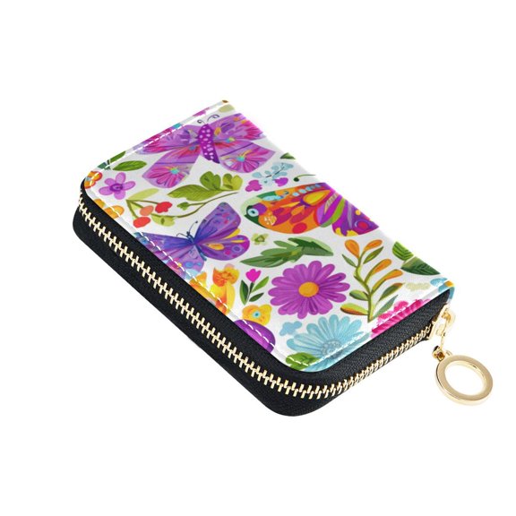 PU Leather Zipper Card Case Wallet Credit Card Holder with 9 Card Slots 4.7" x 3.1" Vibrant and Lively Butterflies