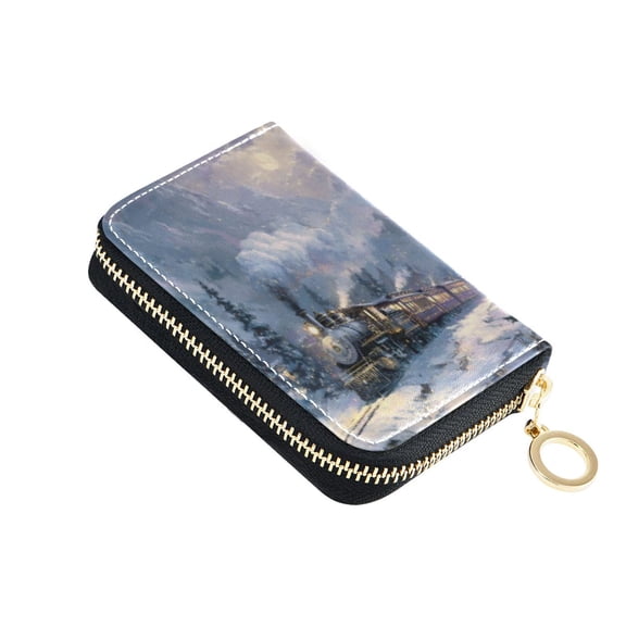 PU Leather Zipper Card Case Wallet Credit Card Holder with 9 Card Slots 4.7" x 3.1" Vintage-style Christmas Train