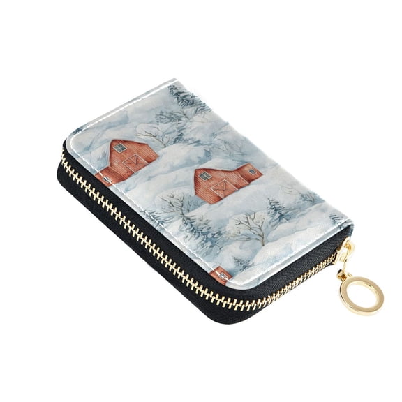 PU Leather Zipper Card Case Wallet Credit Card Holder with 9 Card Slots 4.7" x 3.1" Watercolor Red Bar Pattern